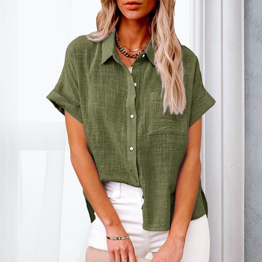Hør Skjorte Dame - Sommerbluser - Kortærmet Skjorte - Loose Fit - Sommerskjorter Blouse Danmarkmode.dk