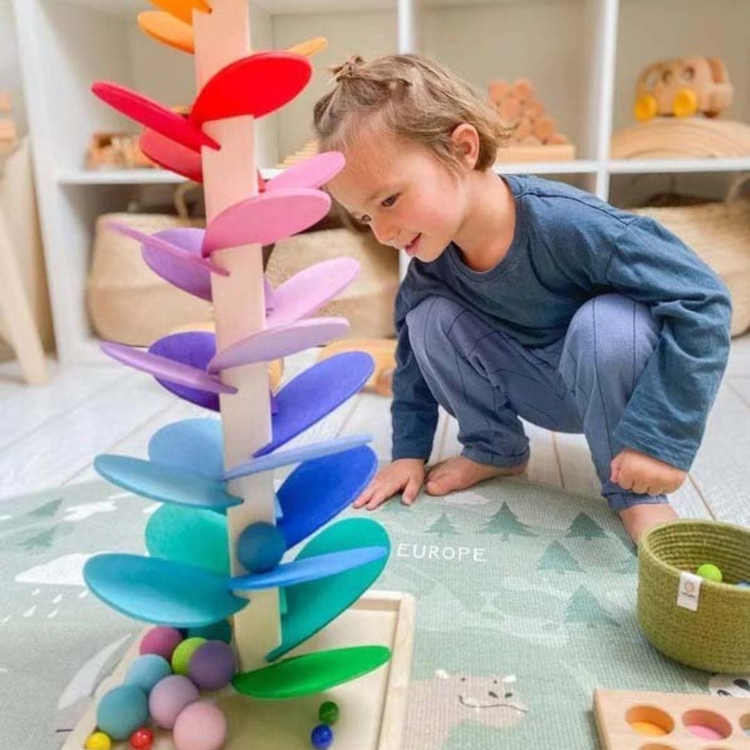 Interaktivt regnbue lydtræ – Trælegetøj med kugler – Sanse- og motorikudvikling Musical Toys Danmarkmode