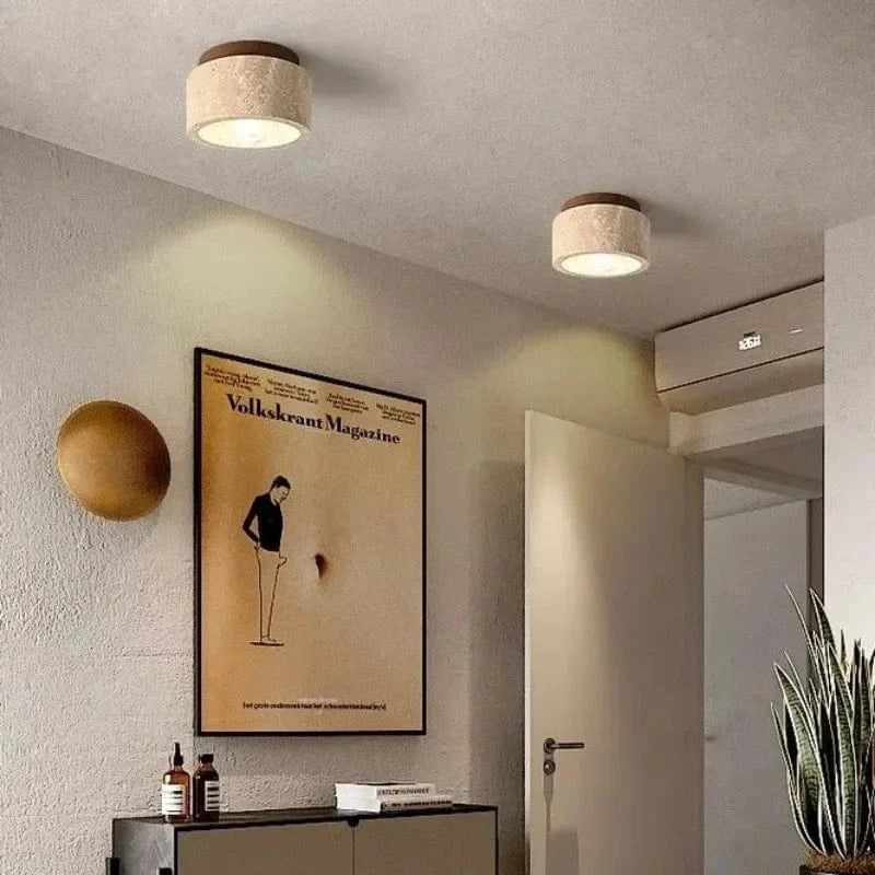 Japansk Rund Travertine Sten Loftslampe - Wabi Sabi - Træ - Lysekrone Ceiling Light Fixtures Danmarkmode.dk