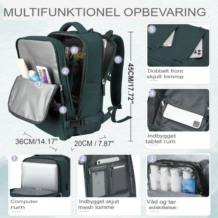 Kan udvides Kabine Rejse Rygsæk - Vandtæt - Anti-Theft - USB Opladningsport Backpacks Danmarkmode.dk
