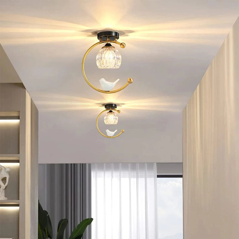 Keramisk Fugl Krystal LED Loftslampe - Guld Messing - G9 Pære - Moderne Ceiling Light Fixtures Danmarkmode.dk
