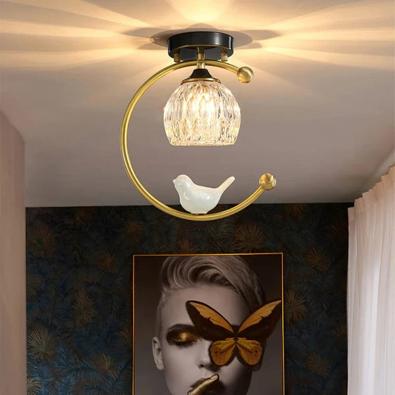 Keramisk Fugl Krystal LED Loftslampe - Guld Messing - G9 Pære - Moderne Ceiling Light Fixtures Danmarkmode.dk