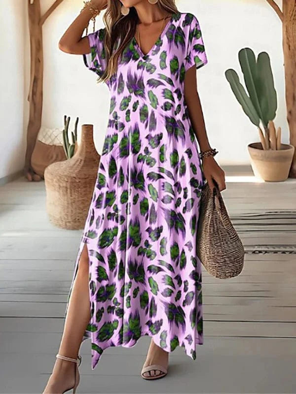 Korte ærmer Fjerprint Blomstret Kjole - V-hals - Høj Slids - Rynkefri - Maxi Dresses Danmarkmode.dk