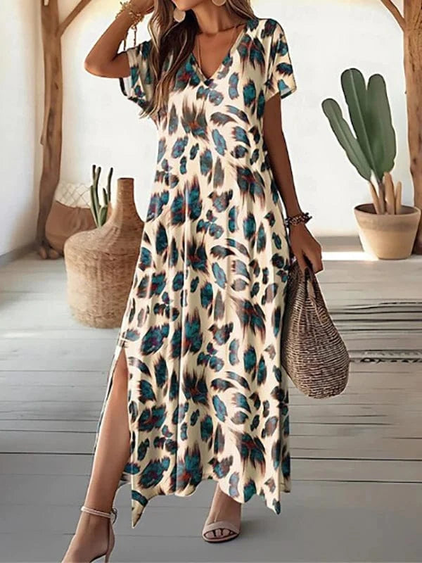 Korte ærmer Fjerprint Blomstret Kjole - V-hals - Høj Slids - Rynkefri - Maxi Dresses Danmarkmode.dk