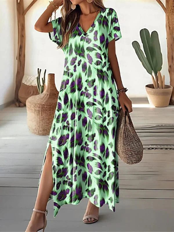 Korte ærmer Fjerprint Blomstret Kjole - V-hals - Høj Slids - Rynkefri - Maxi Dresses Danmarkmode.dk