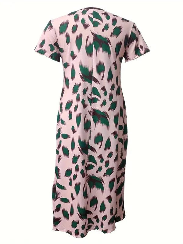 Korte ærmer Fjerprint Blomstret Kjole - V-hals - Høj Slids - Rynkefri - Maxi Dresses Danmarkmode.dk