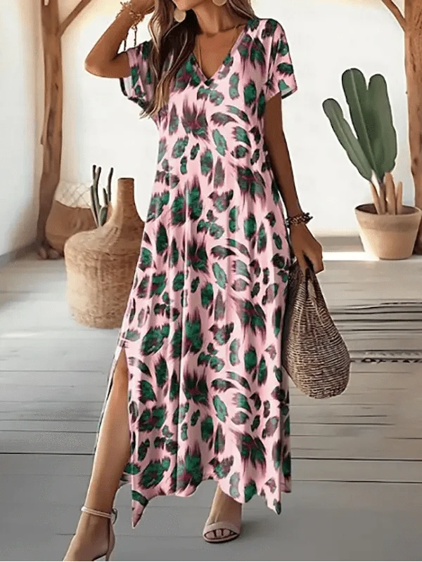 Korte ærmer Fjerprint Blomstret Kjole - V-hals - Høj Slids - Rynkefri - Maxi Dresses Danmarkmode.dk