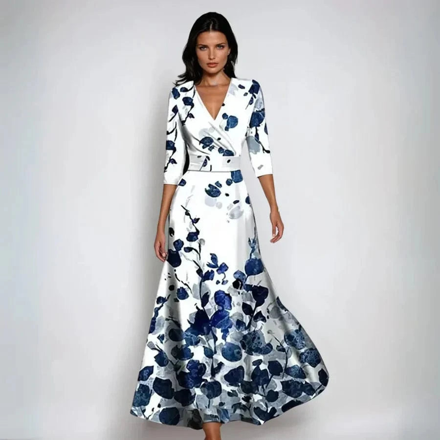 Kvartlange ærmer Slå Om Kjole - Blomstret Kjole - Maxi - V-hals Dresses Danmarkmode.dk