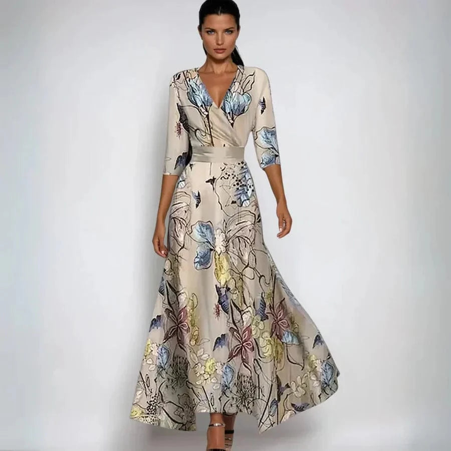Kvartlange ærmer Slå Om Kjole - Blomstret Kjole - Maxi - V-hals Dresses Danmarkmode.dk
