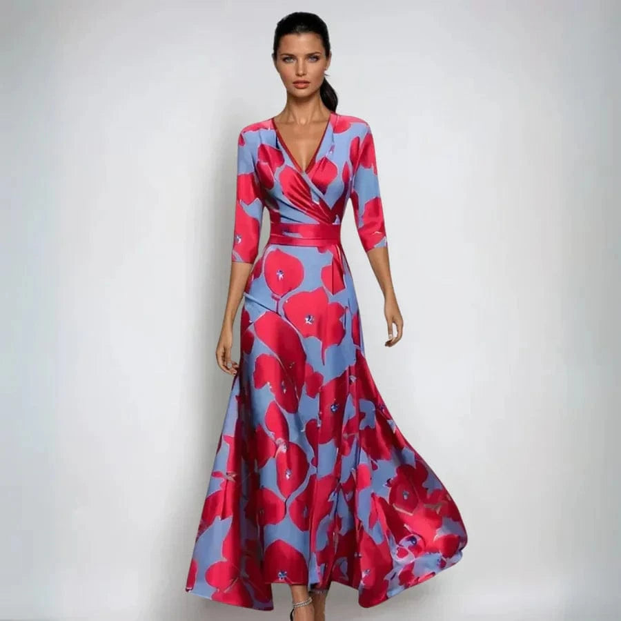 Kvartlange ærmer Slå Om Kjole - Blomstret Kjole - Maxi - V-hals Dresses Danmarkmode.dk
