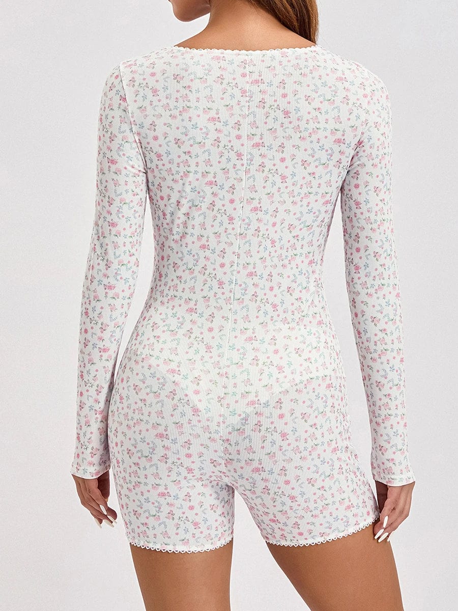 Langærmet Blomster Pyjamas Bodysuit Dame - Blonder - V-hals - Loungewear Sleepwear & Loungewear Danmarkmode.dk