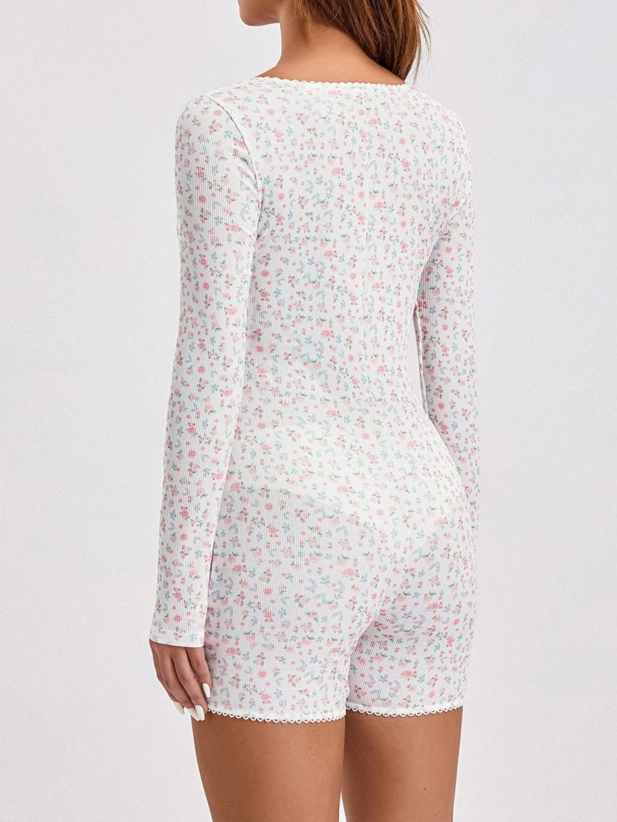 Langærmet Blomster Pyjamas Bodysuit Dame - Blonder - V-hals - Loungewear Sleepwear & Loungewear Danmarkmode.dk