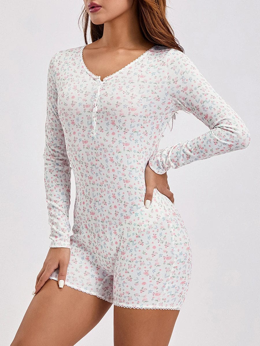 Langærmet Blomster Pyjamas Bodysuit Dame - Blonder - V-hals - Loungewear Sleepwear & Loungewear Danmarkmode.dk
