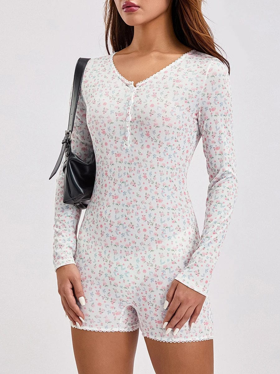 Langærmet Blomster Pyjamas Bodysuit Dame - Blonder - V-hals - Loungewear Sleepwear & Loungewear Danmarkmode.dk