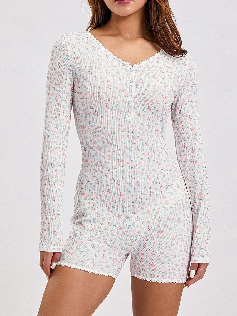 Langærmet Blomster Pyjamas Bodysuit Dame - Blonder - V-hals - Loungewear Sleepwear & Loungewear Danmarkmode.dk