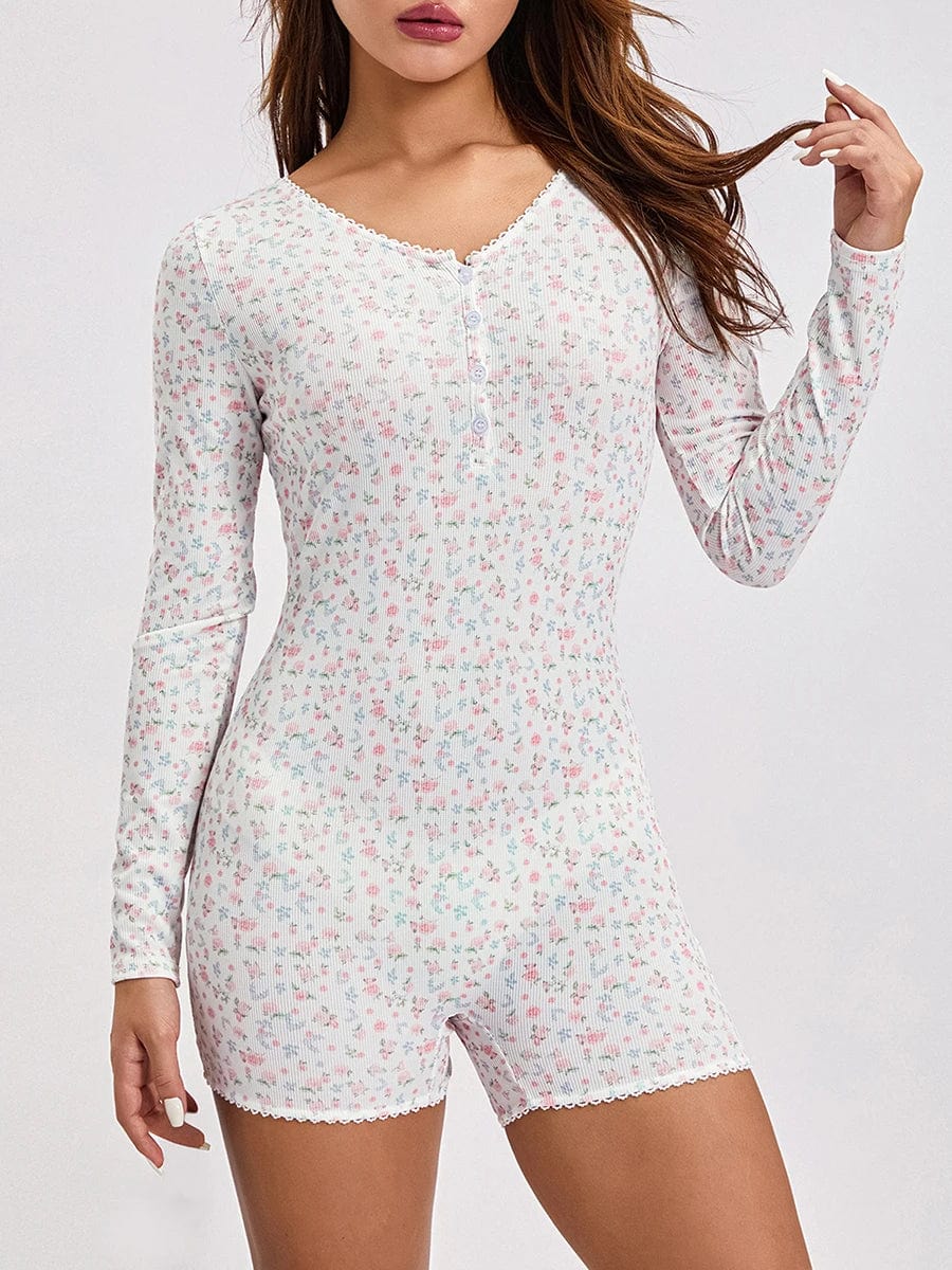Langærmet Blomster Pyjamas Bodysuit Dame - Blonder - V-hals - Loungewear Sleepwear & Loungewear Danmarkmode.dk
