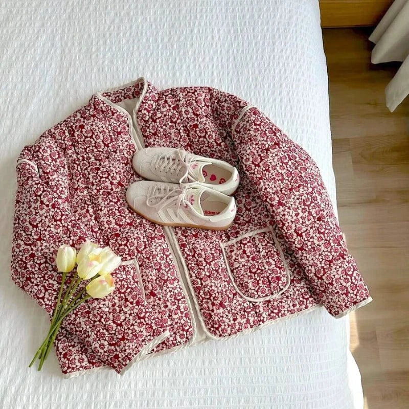 Letvægt Quiltet Lily Blomst Frakke Dame - Frontlommer - Vatteret - Standkrave - Overtøj Coats & Jackets Danmarkmode.dk