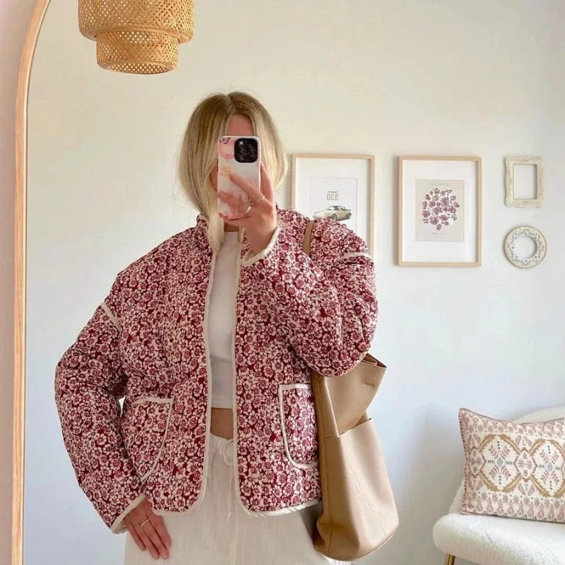 Letvægt Quiltet Lily Blomst Frakke Dame - Frontlommer - Vatteret - Standkrave - Overtøj Coats & Jackets Danmarkmode.dk