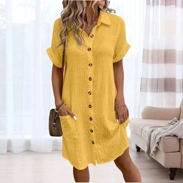 Løs Pasform Knap Foran Sommerkjole Dame - Midi kjole - Korte ærmer - Polokjole Dresses Danmarkmode.dk