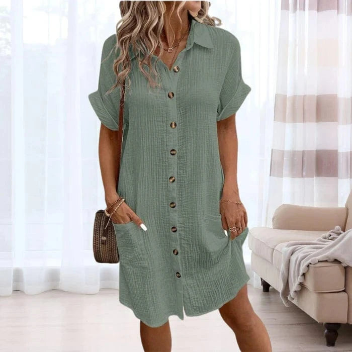 Løs Pasform Knap Foran Sommerkjole Dame - Midi kjole - Korte ærmer - Polokjole Dresses Danmarkmode.dk