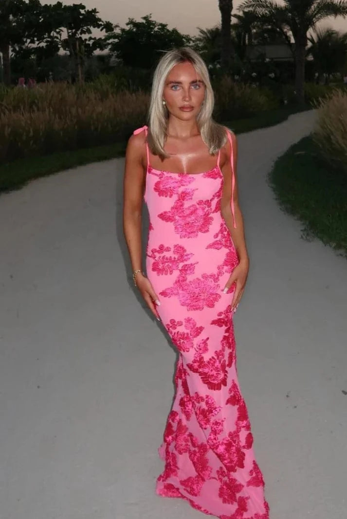 Lyserød Præget Blomst Maxikjole - Bodycon - 3D - Broderet Dresses Danmarkmode.dk