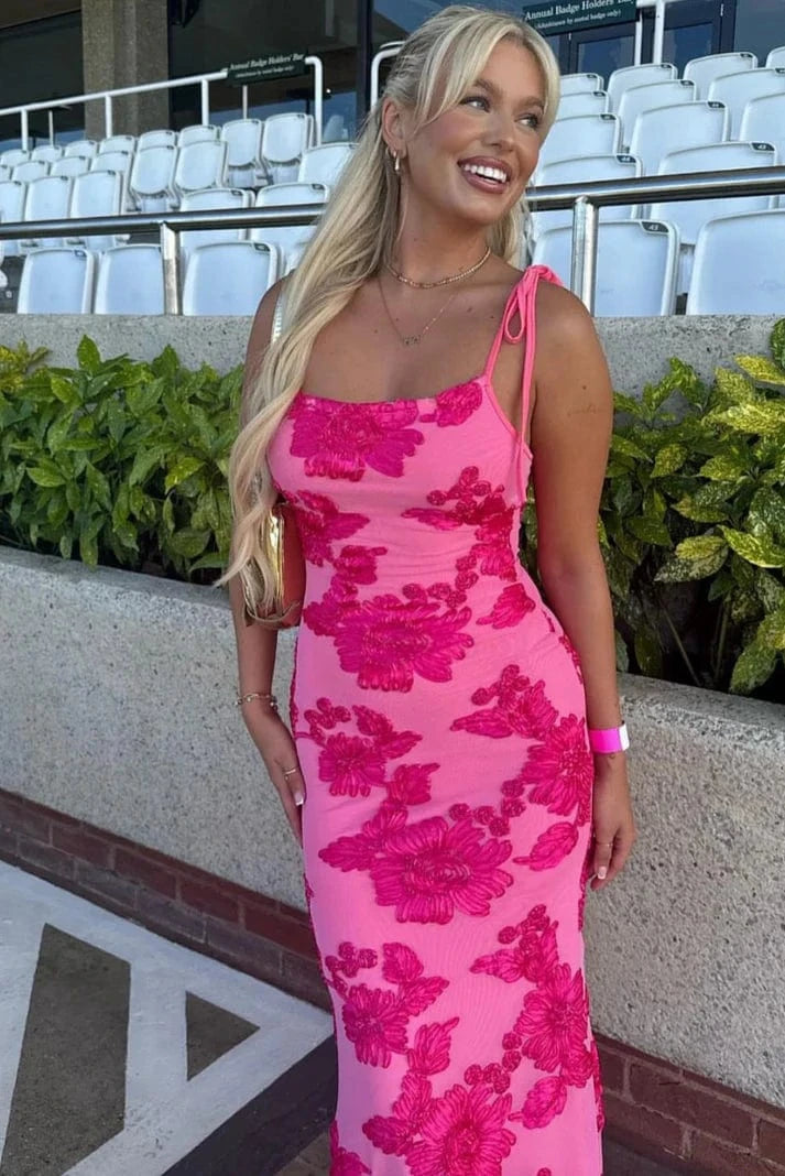 Lyserød Præget Blomst Maxikjole - Bodycon - 3D - Broderet Dresses Danmarkmode.dk