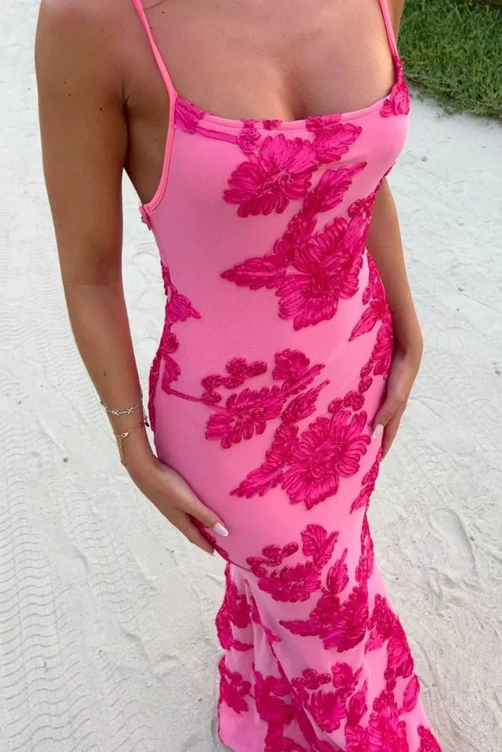 Lyserød Præget Blomst Maxikjole - Bodycon - 3D - Broderet Dresses Danmarkmode.dk