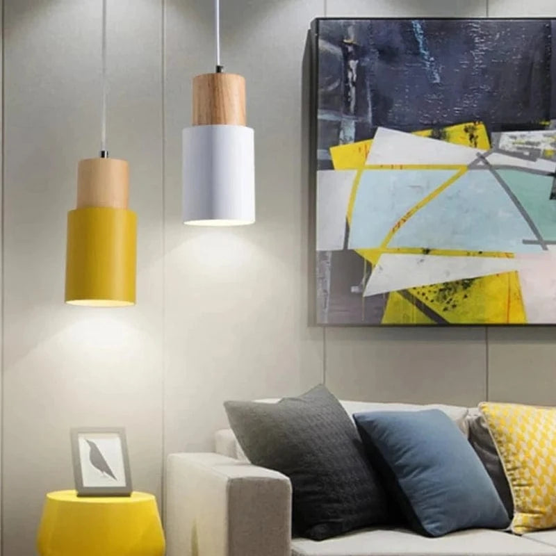 Massivt Træ Metal Cylinder Pendel Lampe - E27 - LED - Ø 10cm Ceiling Light Fixtures Danmarkmode.dk