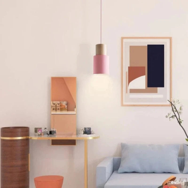 Massivt Træ Metal Cylinder Pendel Lampe - E27 - LED - Ø 10cm Ceiling Light Fixtures Danmarkmode.dk
