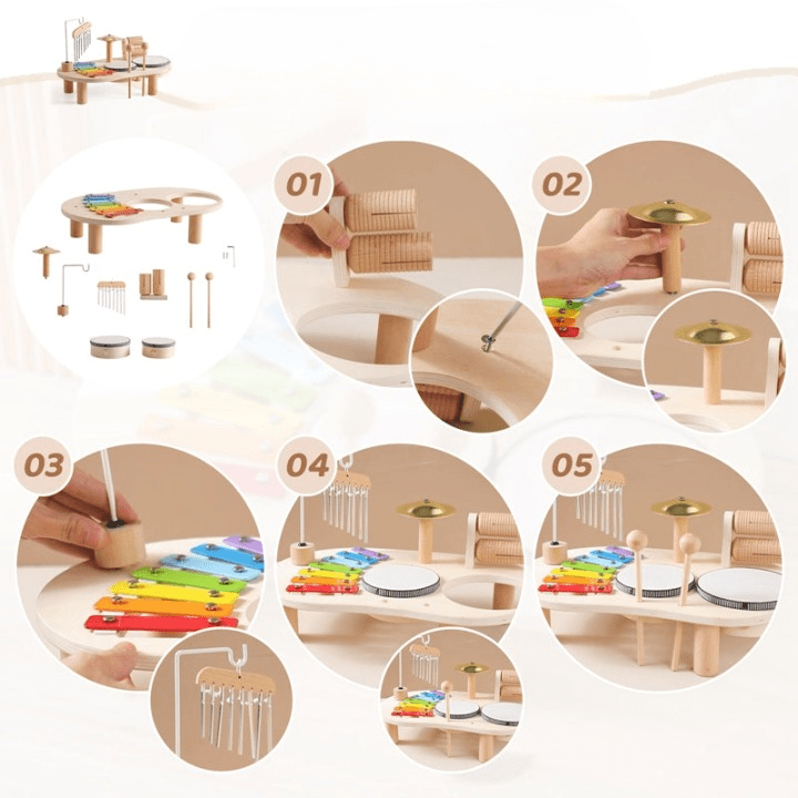 MelodyPlay – Træmusikbord til børn – Xylofon, Trommer & Bækkener – Sikkert legetøj fra 1 år Musical Toys Danmarkmode