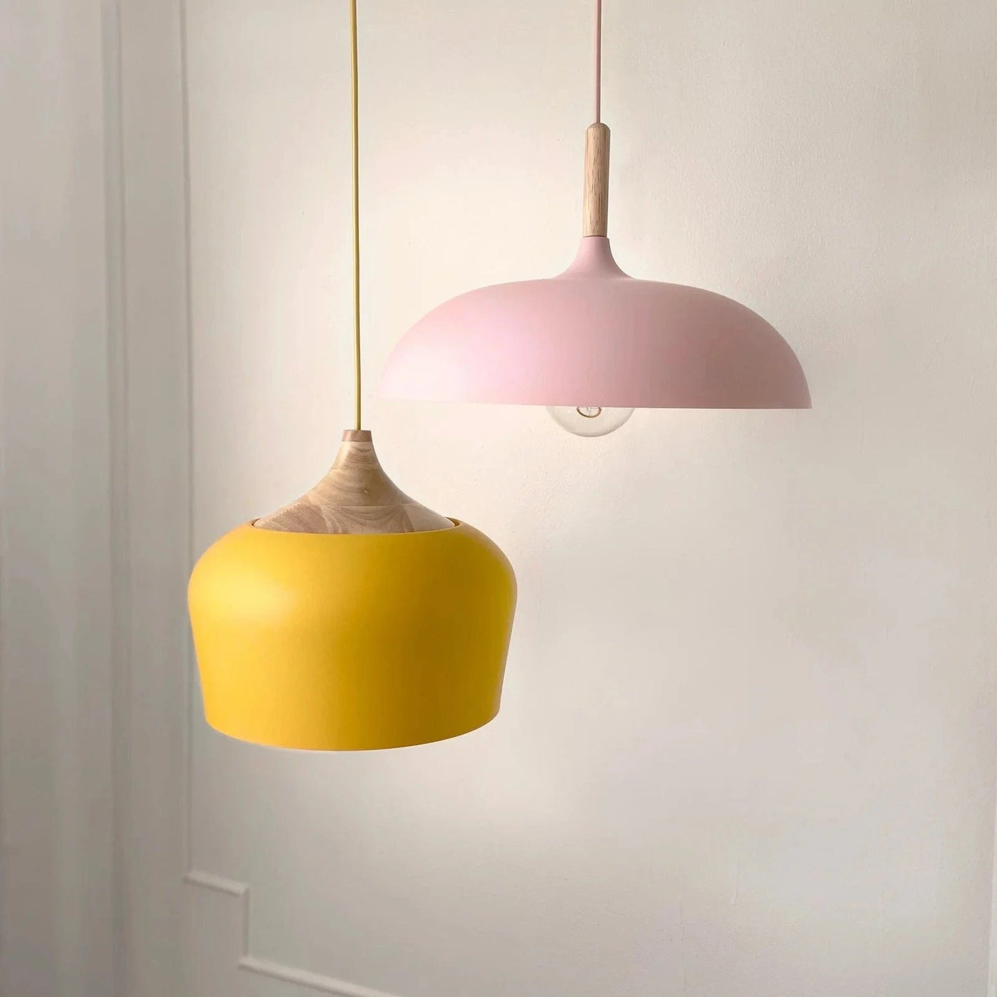 Moderne Matte Finish Macaron Pendel Lampe - Aluminium - Træ - LED Pære Ceiling Light Fixtures Danmarkmode.dk