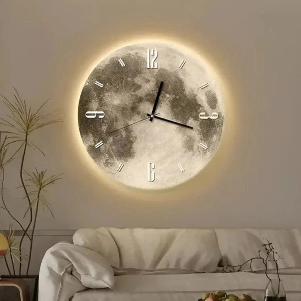 Moon Lydløst Vægur - Vægur med Tal - LED Lys - Væglampe - Træ Wall Clock Danmarkmode.dk
