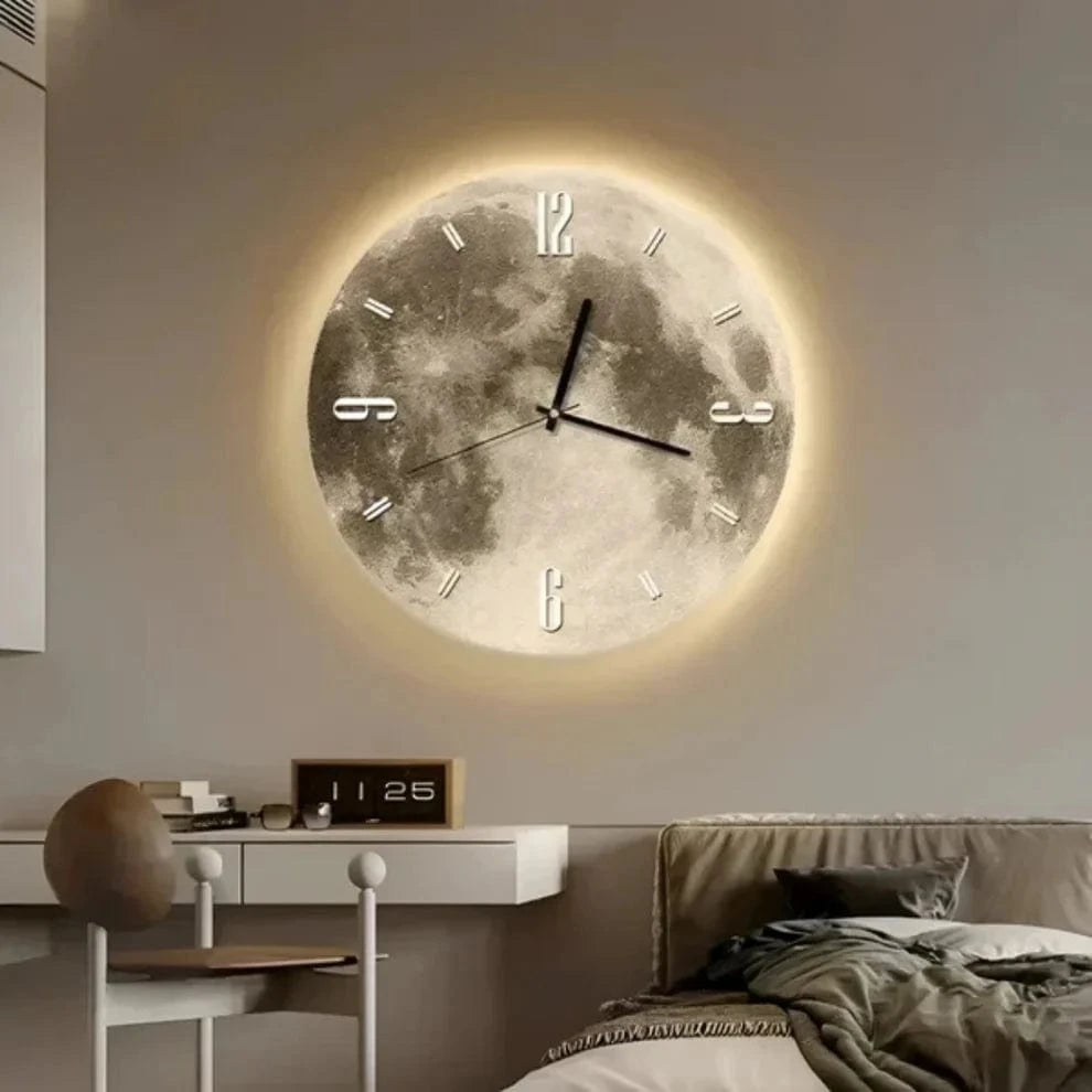 Moon Lydløst Vægur - Vægur med Tal - LED Lys - Væglampe - Træ Wall Clock Danmarkmode.dk