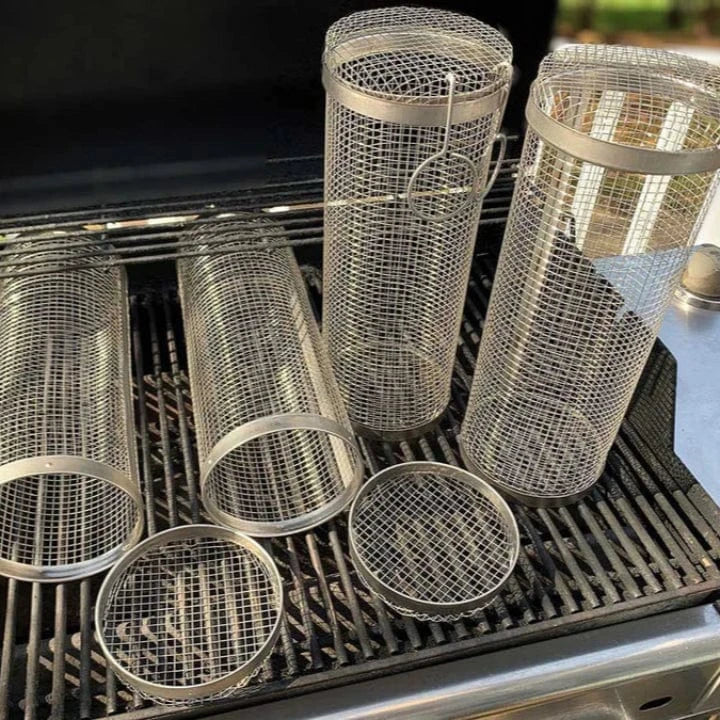 Rullende Grillkurv - Rustfrit Stål - Bærbar - Cylinder - Udendørs Outdoor Grill Baskets Danmarkmode.dk