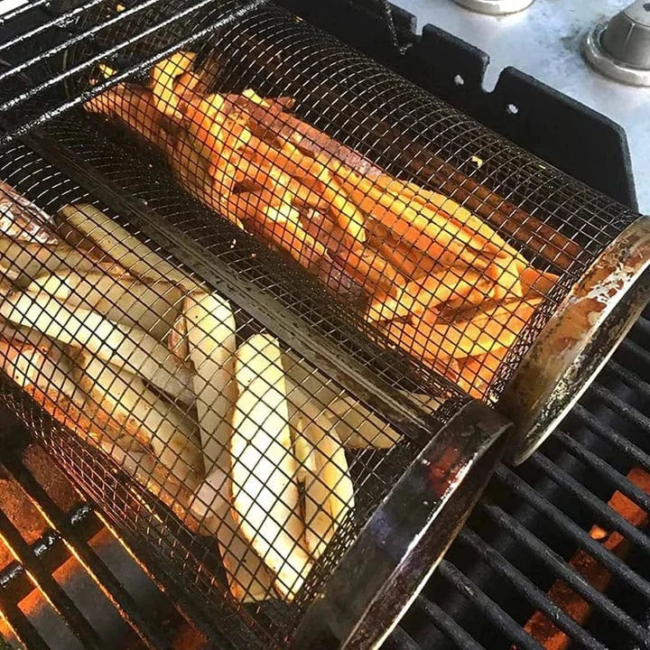 Rullende Grillkurv - Rustfrit Stål - Bærbar - Cylinder - Udendørs Outdoor Grill Baskets Danmarkmode.dk