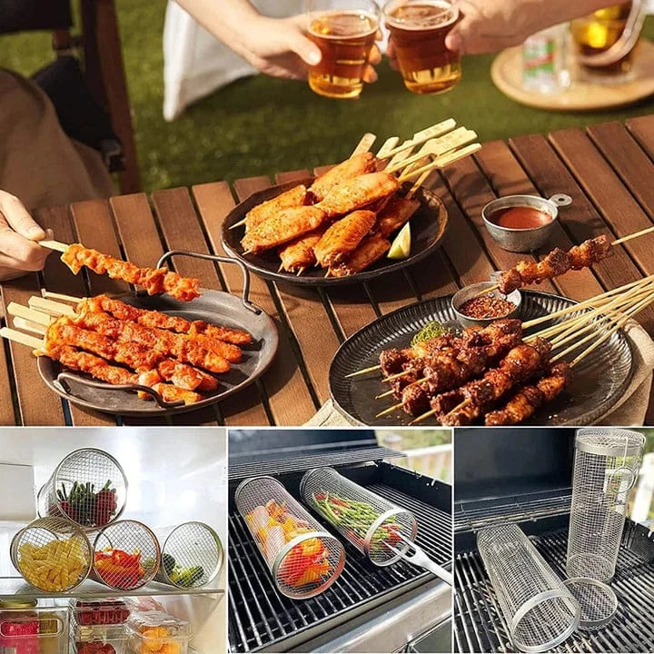 Rullende Grillkurv - Rustfrit Stål - Bærbar - Cylinder - Udendørs Outdoor Grill Baskets Danmarkmode.dk