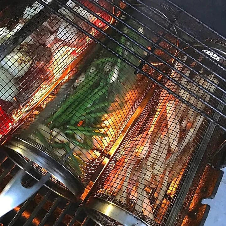 Rullende Grillkurv - Rustfrit Stål - Bærbar - Cylinder - Udendørs Outdoor Grill Baskets Danmarkmode.dk