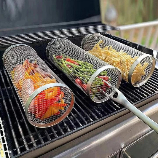 Rullende Grillkurv - Rustfrit Stål - Bærbar - Cylinder - Udendørs Outdoor Grill Baskets Danmarkmode.dk