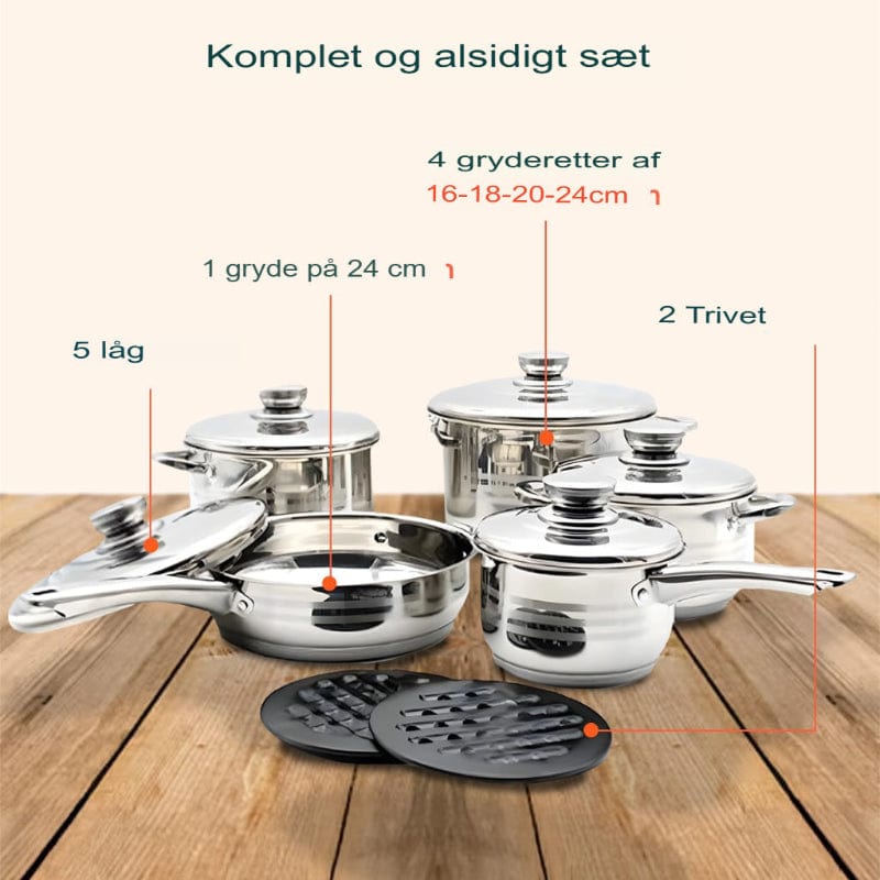 Rustfrit Stål Cookwear Sæt - Holdbar - Moderne - 12 dele Cookware Sets Danmarkmode.dk