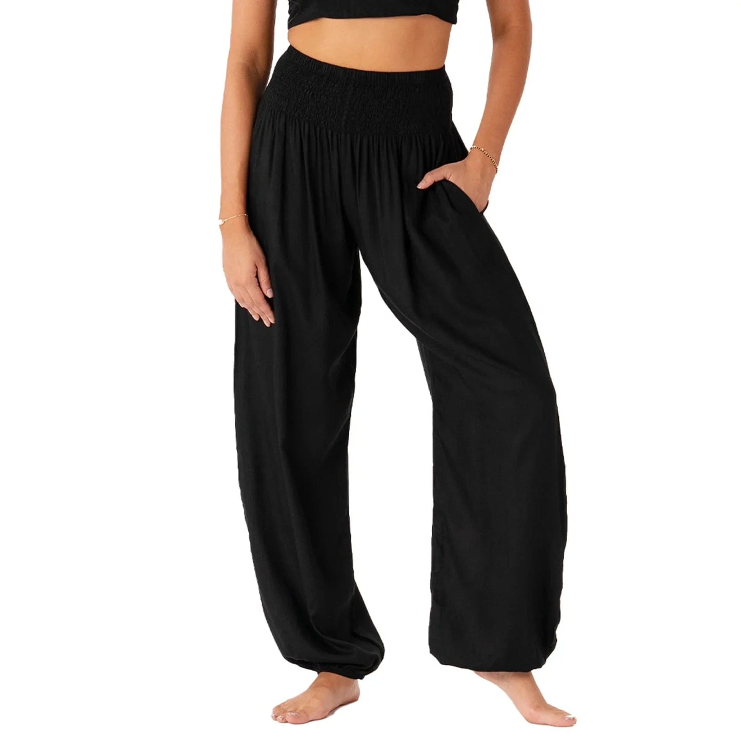 Sort Haremsbukser Dame - Høj Talje - Boho - Baggy Bukser - Yoga Pants Danmarkmode.dk