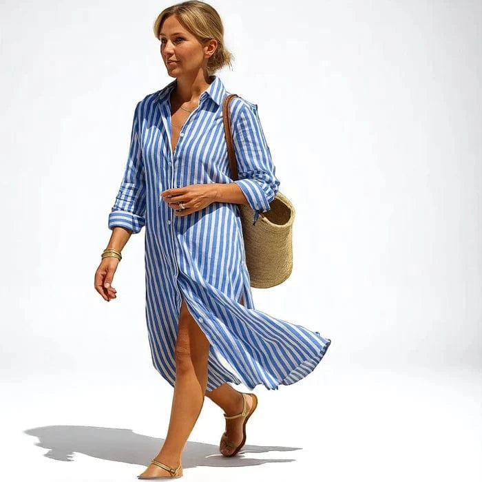 Stribet Halvt ærme Skjortekjole Dame - Sommerkjole - Lang kjole - Knap Foran Dresses Danmarkmode.dk