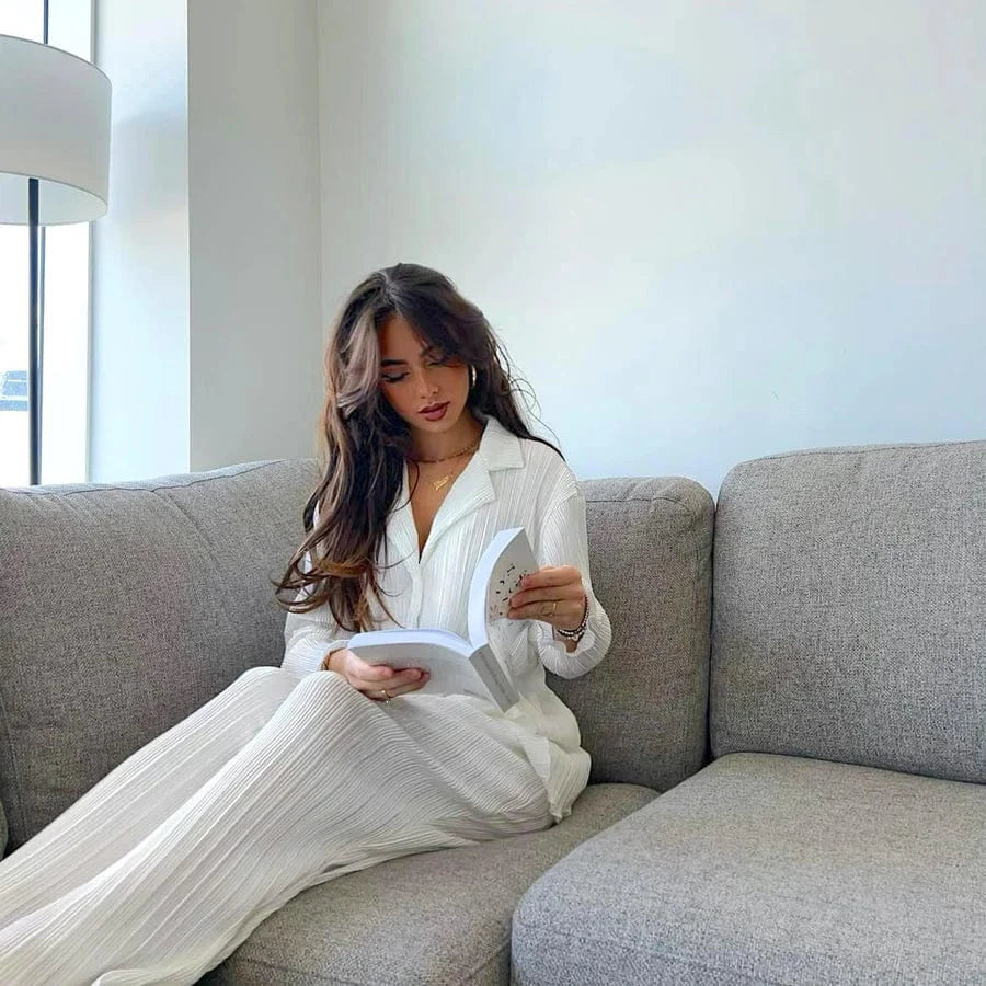 Todelt Plisse Bukser og Top Matchende Sæt - Oversized - Behagelig - Sommersæt Outfit Sets Danmarkmode.dk