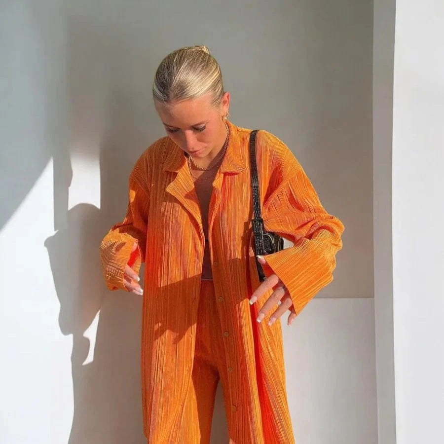 Todelt Plisse Bukser og Top Matchende Sæt - Oversized - Behagelig - Sommersæt Outfit Sets Danmarkmode.dk