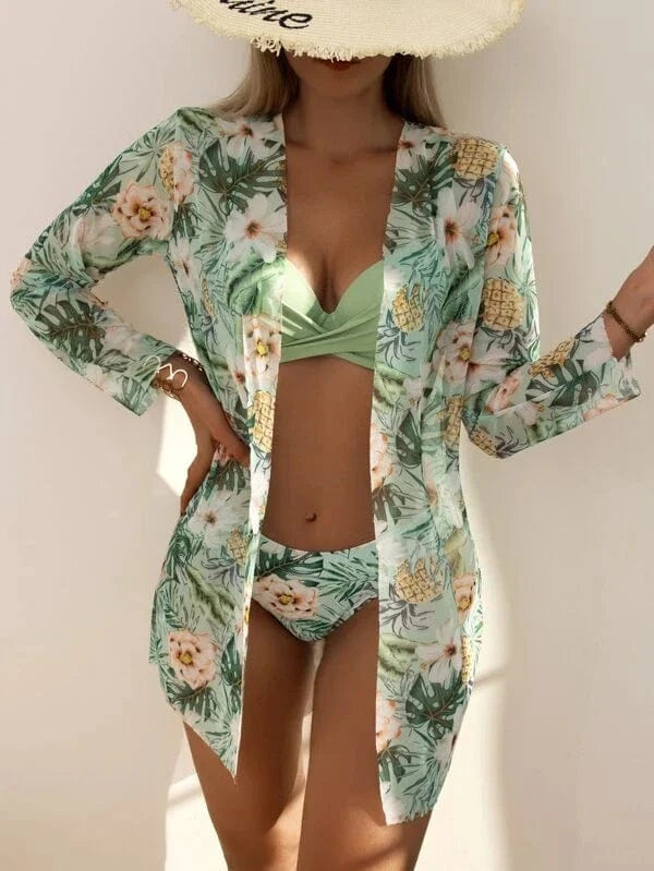 Tredelt Blomsterprint Bikini Sæt - Badetøj - Badedragt - Høj Talje Bikinis Danmarkmode.dk