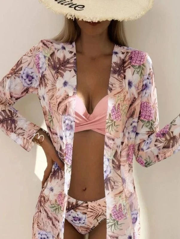 Tredelt Blomsterprint Bikini Sæt - Badetøj - Badedragt - Høj Talje Bikinis Danmarkmode.dk