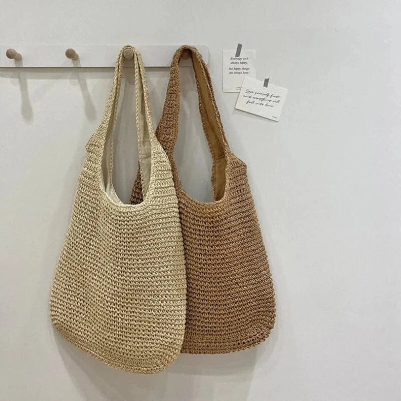 Vævet Strå Sommer Strandtaske - Tote Bag - Boho - Lynlåsposer Tote Bags Danmarkmode.dk