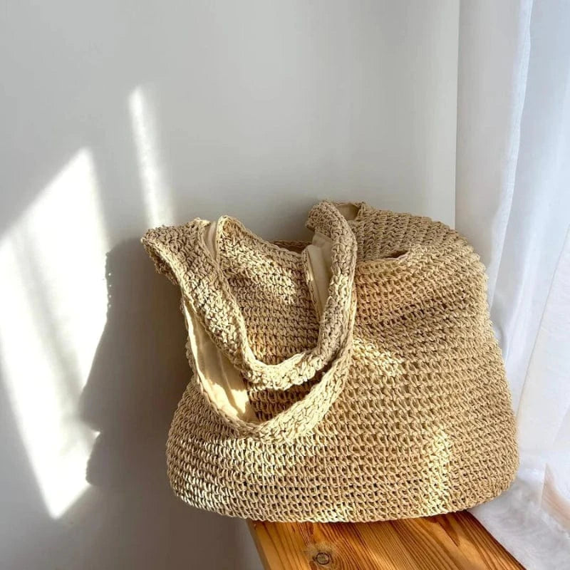 Vævet Strå Sommer Strandtaske - Tote Bag - Boho - Lynlåsposer Tote Bags Danmarkmode.dk