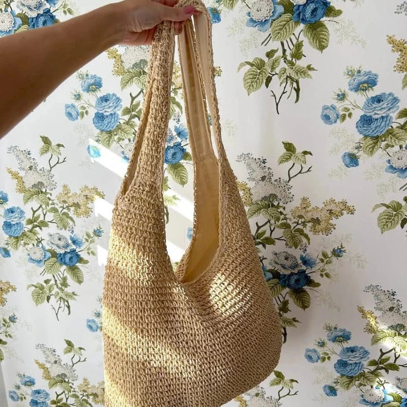 Vævet Strå Sommer Strandtaske - Tote Bag - Boho - Lynlåsposer Tote Bags Danmarkmode.dk
