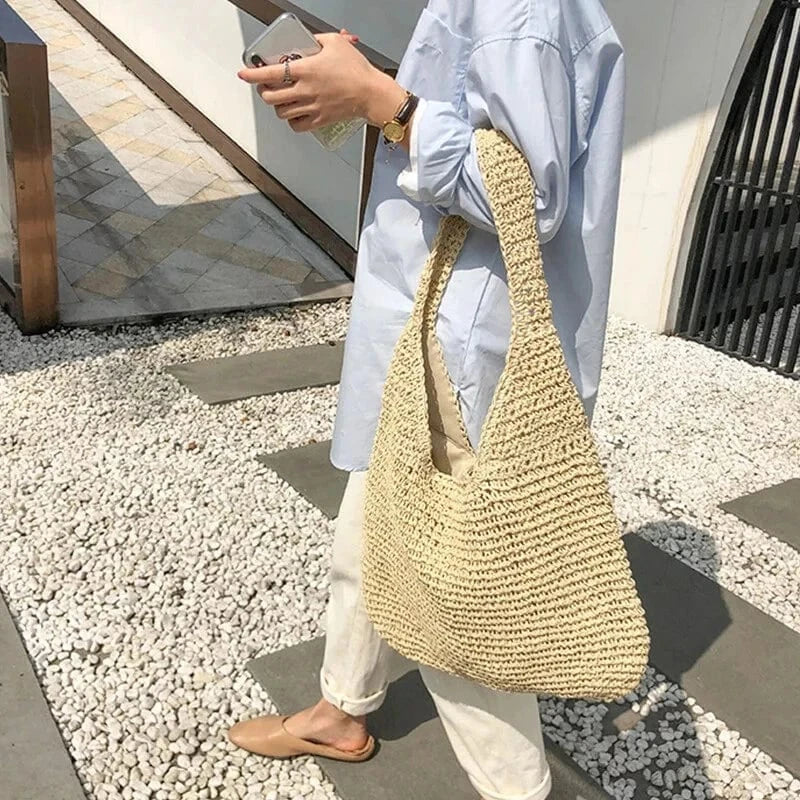 Vævet Strå Sommer Strandtaske - Tote Bag - Boho - Lynlåsposer Tote Bags Danmarkmode.dk