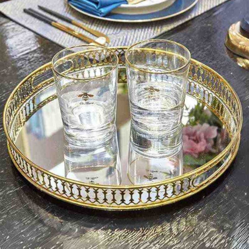 Vintage Guld Spejlvendt Serveringsbakke - Rund - Metal - Boligtilbehør Decorative Trays Danmarkmode.dk